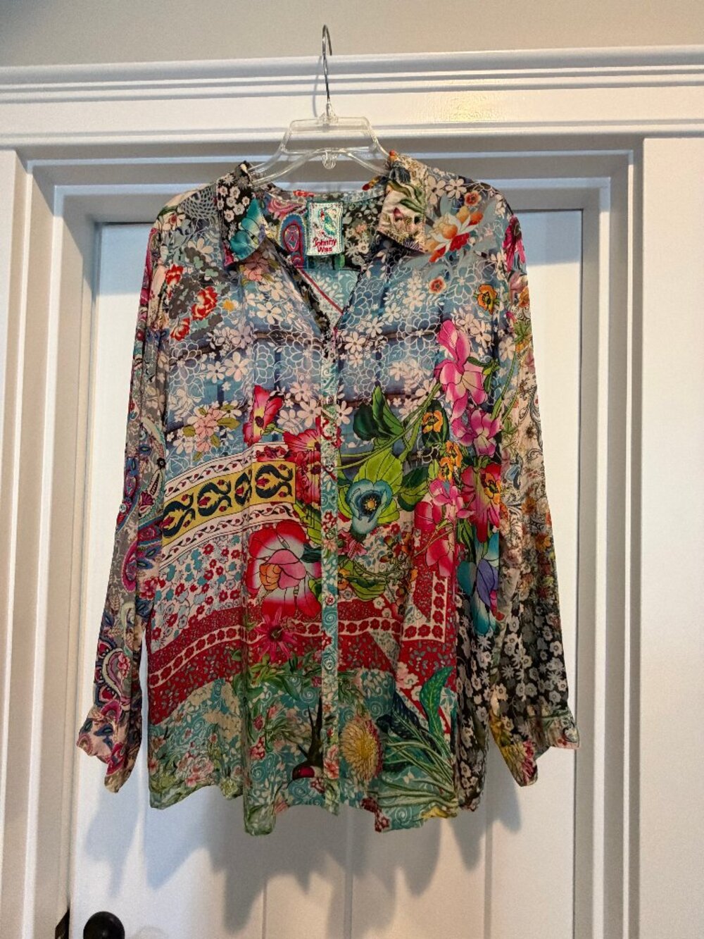 JOHNNY WAS BRITE MULTI COLORED SILK BLOUSE SZ LG TO XL
